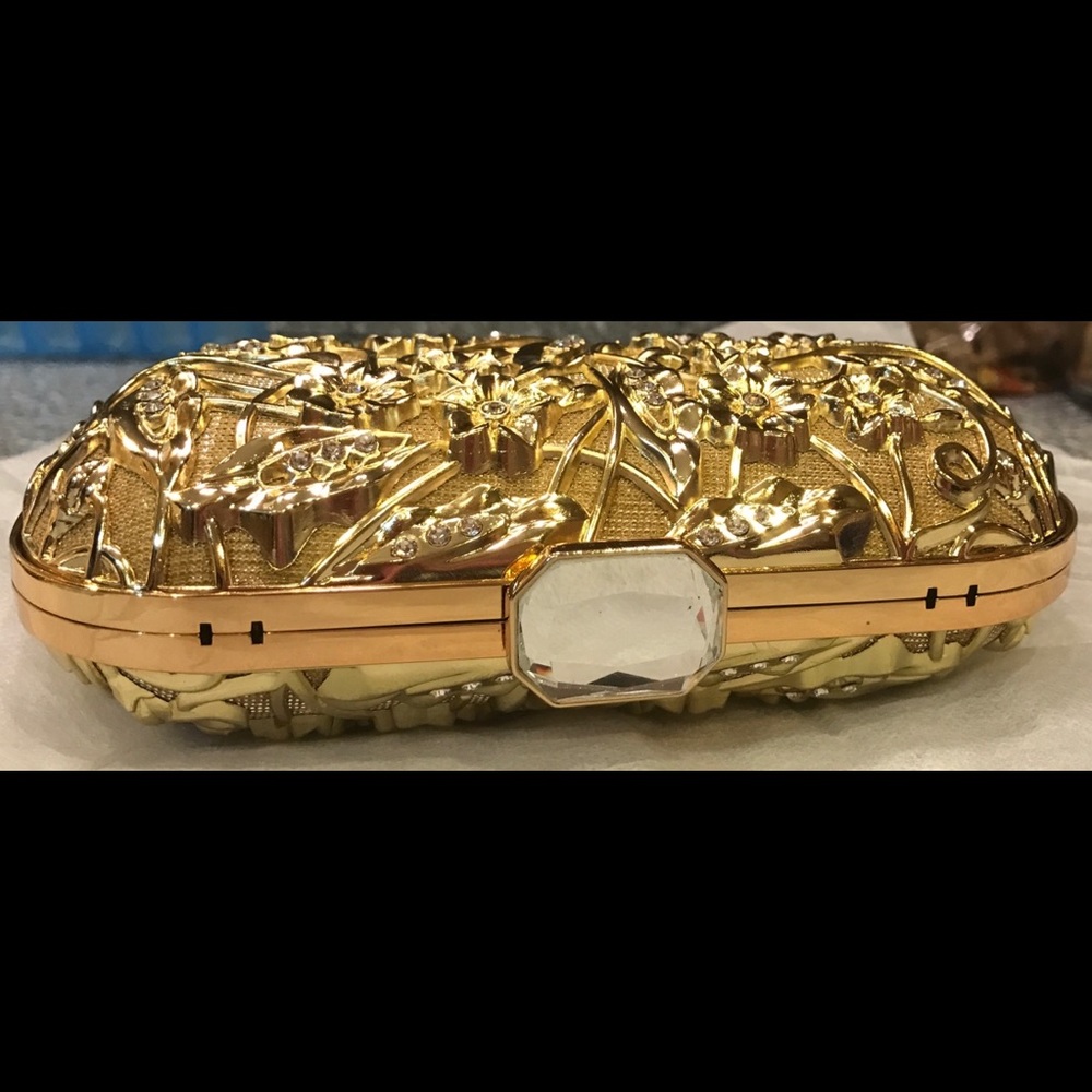 Gold Floral Embossed Women's Clutch with Gem Accent